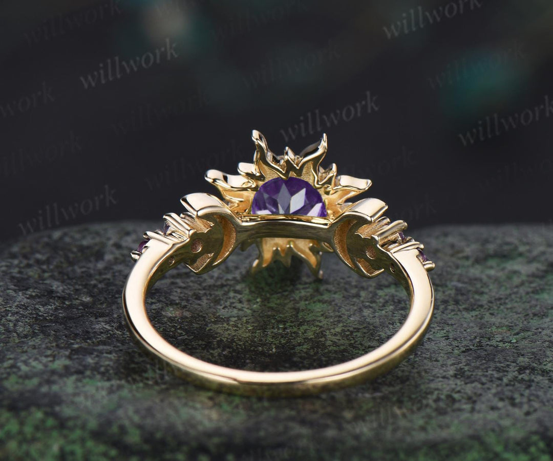 Round cut purple amethyst ring vintage bezel sun moon engagement ring women solid 14k yellow gold unique anniversary gift