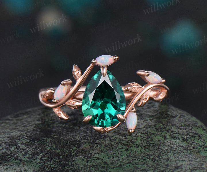 Pear cut emerald ring vintage leaf marquise opal ring women five stone unique nature inspired engagement ring rose gold anniversary gift