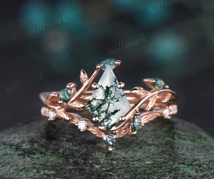 Vintage kite cut green moss agate engagement ring set 14k rose gold art deco cluster leaf nature inspired bridal promise ring set women