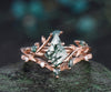 Vintage kite cut green moss agate engagement ring set 14k rose gold art deco cluster leaf nature inspired bridal promise ring set women