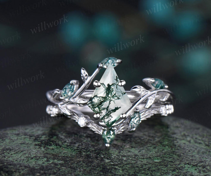Vintage kite cut green moss agate engagement ring set 14k rose gold art deco cluster leaf nature inspired bridal promise ring set women