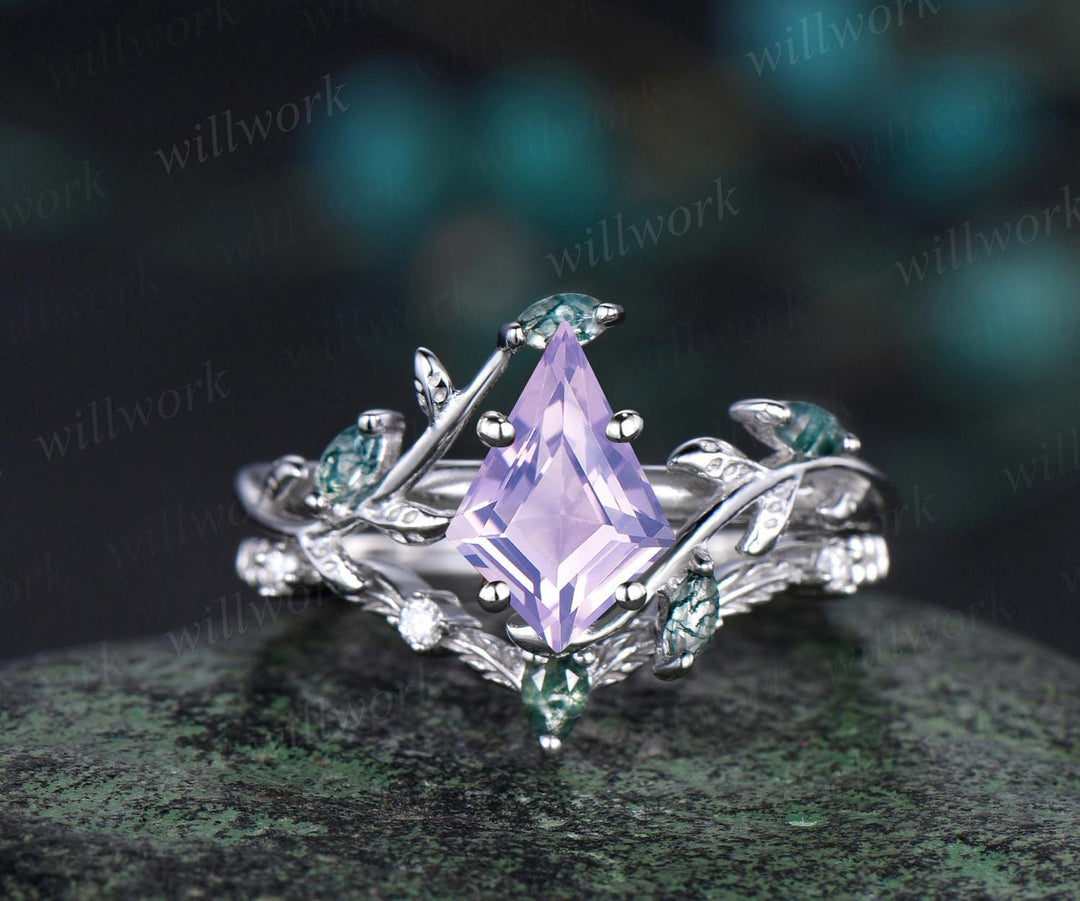 Vintage kite cut Lavender Amethyst engagement ring set 14k rose gold cluster leaf nature inspired moss agate anniversary ring set women gift