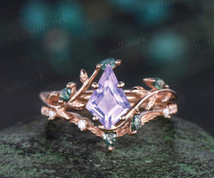 Vintage kite cut Lavender Amethyst engagement ring set 14k rose gold cluster leaf nature inspired moss agate anniversary ring set women gift