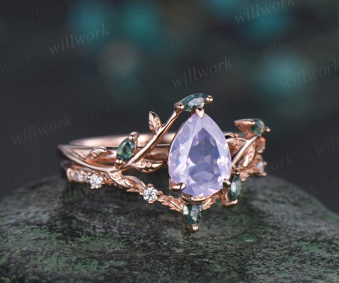 Vintage pear cut Lavender Amethyst engagement ring set rose gold art deco cluster leaf nature inspired moss agate bridal wedding ring women