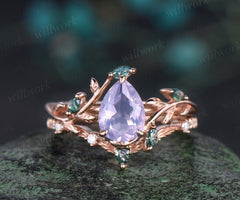 Vintage pear cut Lavender Amethyst engagement ring set rose gold art deco cluster leaf nature inspired moss agate bridal wedding ring women