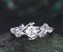 Round cut moissanite ring vintage leaf five stone branch engagement ring white gold nature inspired amethyst anniversary ring gift
