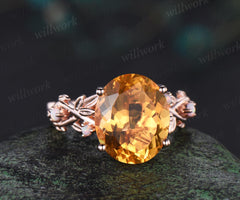 6ct oval cut yellow citrine engagement ring rose gold vintage leaf leaf nature inspired opal ring women unique anniversary gift