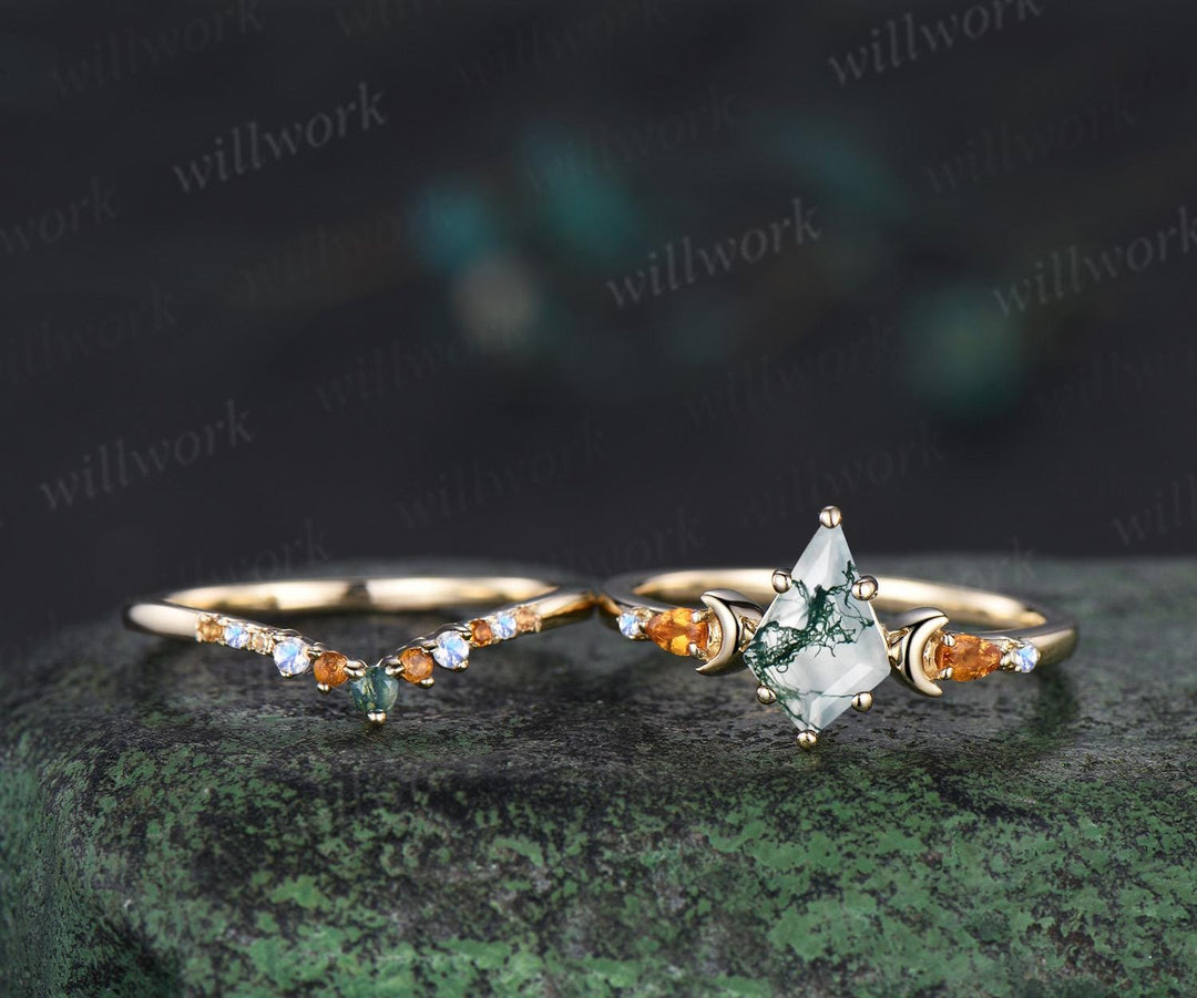 Kite cut moss agate ring moon citrine moonstone wedding ring set unique engagement ring set women Multi-Stone Rings