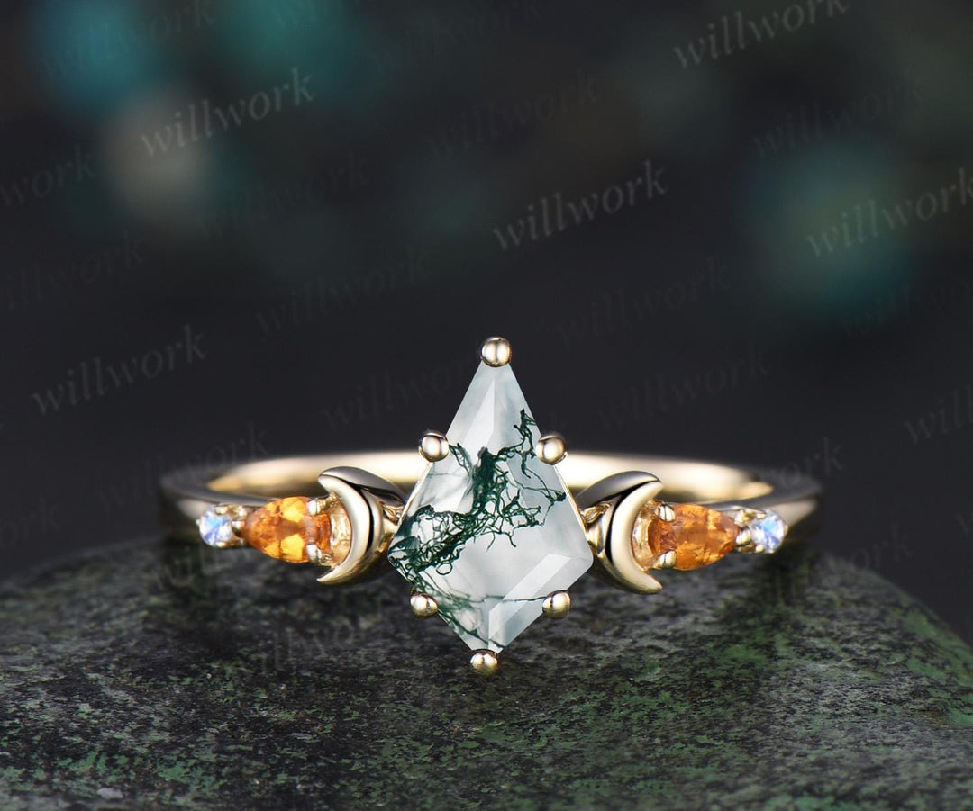 Kite cut moss agate ring moon citrine moonstone wedding ring set unique engagement ring set women Multi-Stone Rings