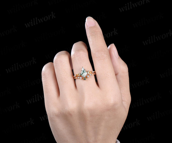 Kite cut moss agate ring moon citrine moonstone wedding ring set unique engagement ring set women Multi-Stone Rings