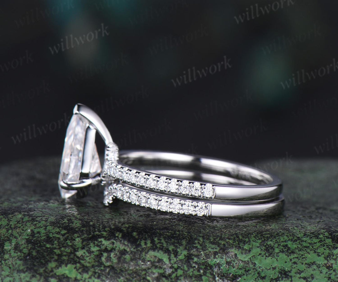 V prong 1ct kite cut moissanite engagement ring set dainty half eternity hidden halo diamond ring vintage unique promise ring set women