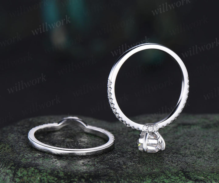 V prong 1ct kite cut moissanite engagement ring set dainty half eternity hidden halo diamond ring vintage unique promise ring set women