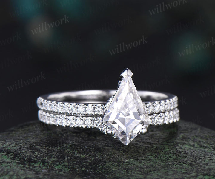 V prong 1ct kite cut moissanite engagement ring set dainty half eternity hidden halo diamond ring vintage unique promise ring set women