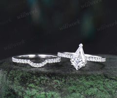 V prong 1ct kite cut moissanite engagement ring set dainty half eternity hidden halo diamond ring vintage unique promise ring set women
