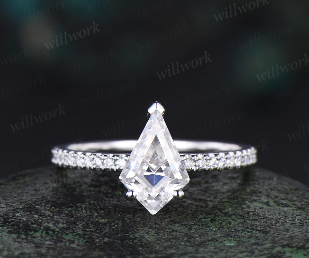 V prong 1ct kite cut moissanite engagement ring set dainty half eternity hidden halo diamond ring vintage unique promise ring set women