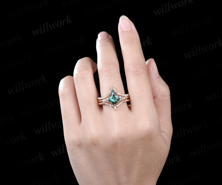 8x11mm kite cut green moissanite ring vintage unique engagement ring set solid 14k yellow gold art deco retro promise wedding ring set women