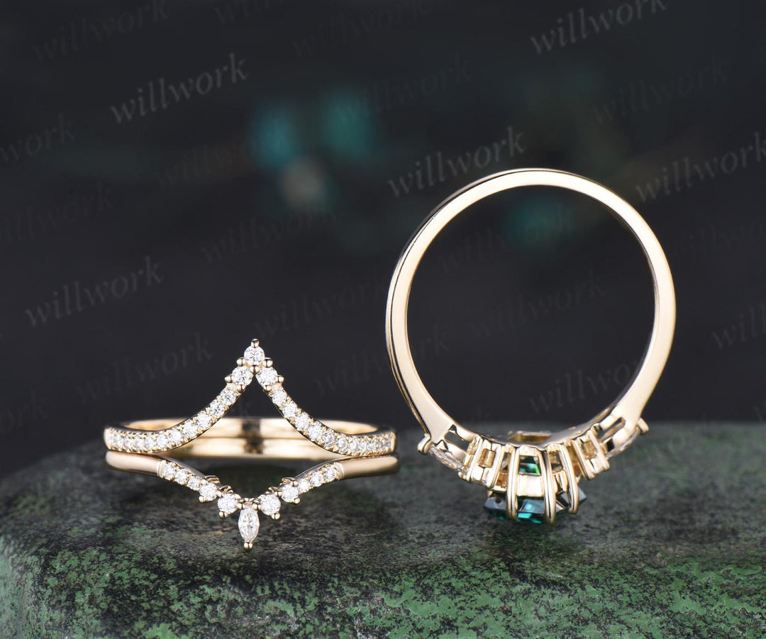 8x11mm kite cut green moissanite ring vintage unique engagement ring set solid 14k yellow gold art deco retro promise wedding ring set women