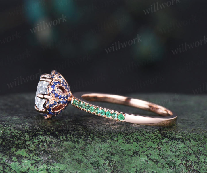 Floral round cut IGI lab grown diamond engagement ring rose gold hidden halo natural sapphire emerald ring half eternity promise ring women