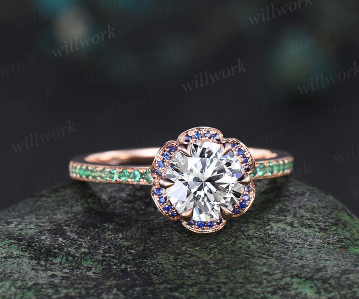 Floral round cut IGI lab grown diamond engagement ring rose gold hidden halo natural sapphire emerald ring half eternity promise ring women