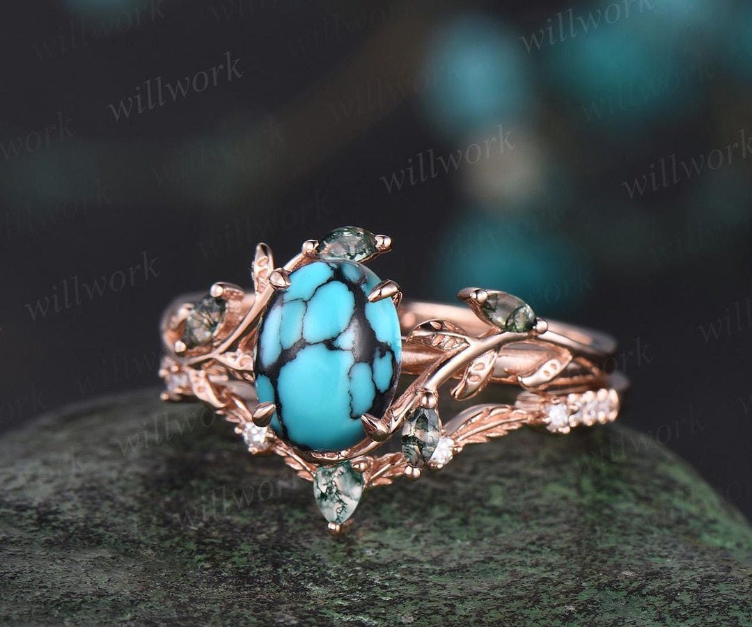 Vintage oval turquoise engagement ring set 14k rose gold art deco cluster leaf nature inspired moss agate bridal wedding ring set women