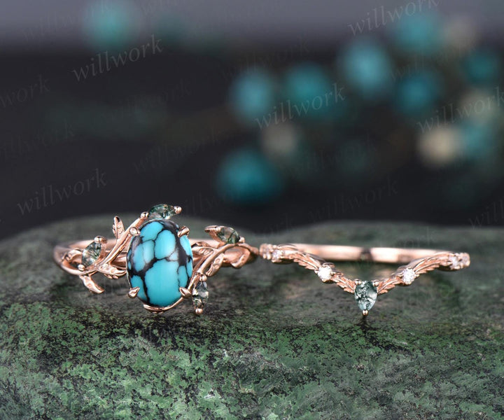 Vintage oval turquoise engagement ring set 14k rose gold art deco cluster leaf nature inspired moss agate bridal wedding ring set women