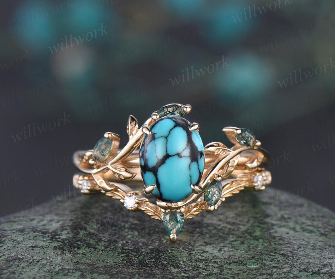 Vintage oval turquoise engagement ring set 14k rose gold art deco cluster leaf nature inspired moss agate bridal wedding ring set women