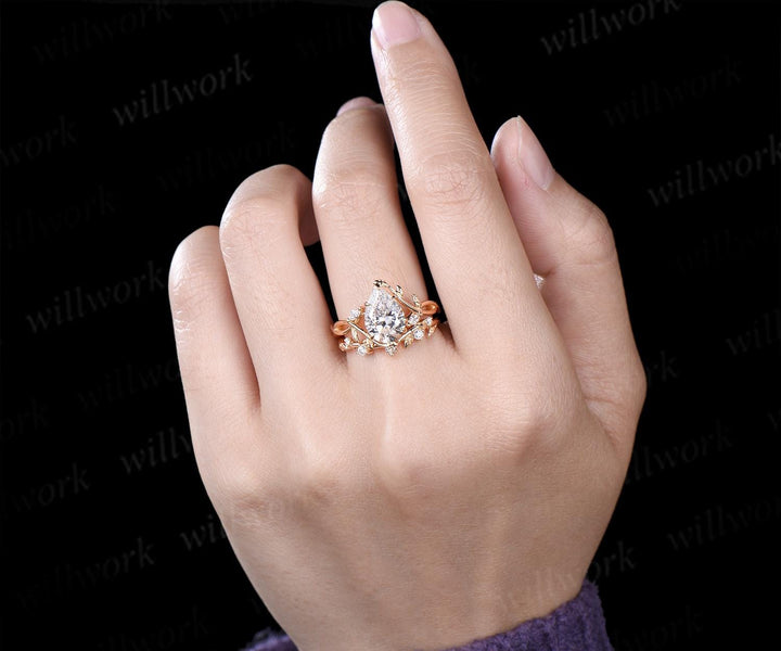 7x10mm pear cut Lab grown diamond engagement ring set solid 14k yellow gold leaf infinity split shank wedding promise ring set women