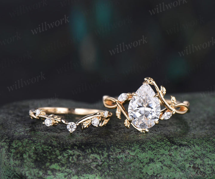7x10mm pear cut Lab grown diamond engagement ring set solid 14k yellow gold leaf infinity split shank wedding promise ring set women