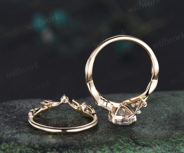 7x10mm pear cut Lab grown diamond engagement ring set solid 14k yellow gold leaf infinity split shank wedding promise ring set women