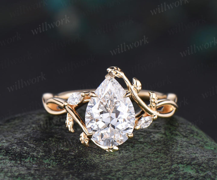 7x10mm pear cut Lab grown diamond engagement ring set solid 14k yellow gold leaf infinity split shank wedding promise ring set women