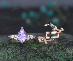 Vintage kite cut Lavender Amethyst engagement ring set rose gold moss agate leaf diamond enhancer wedding ring set jewelry