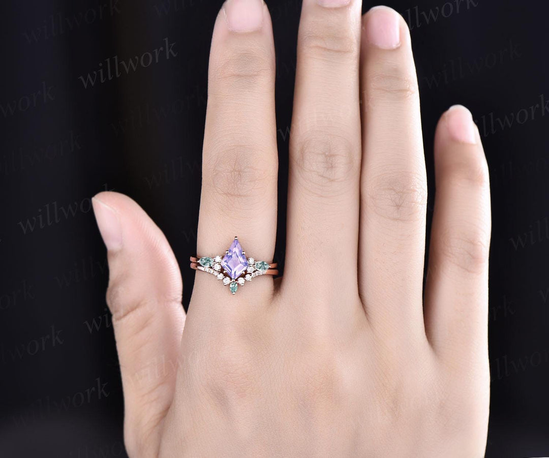 Kite cut Lavender Amethyst ring rose gold 6 prong art deco unique engagement ring set women dainty diamond ring moss agate anniversary gift