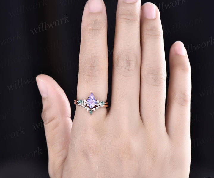 Kite cut Lavender Amethyst ring rose gold 6 prong art deco unique engagement ring set women dainty diamond ring moss agate anniversary gift