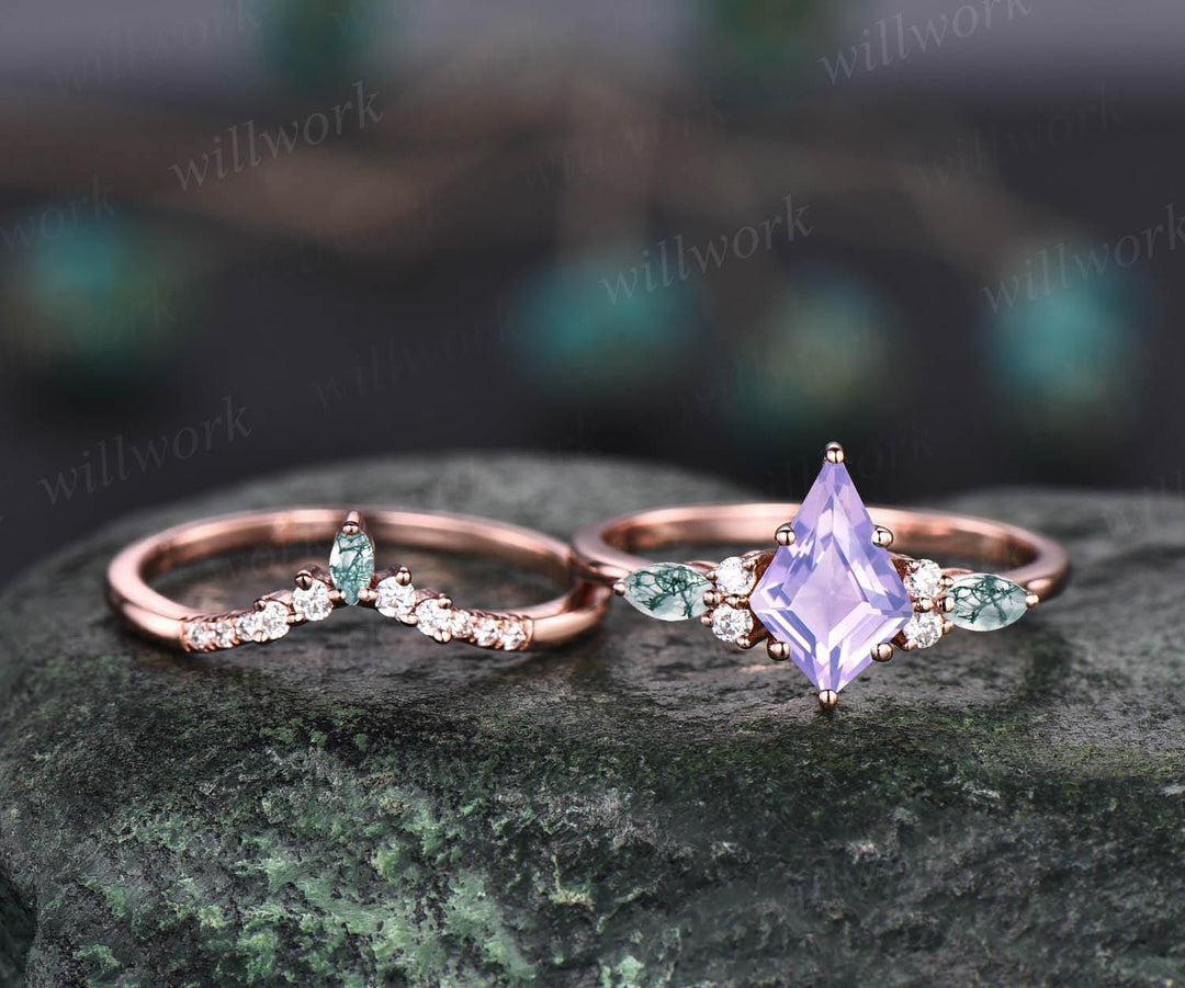 Kite cut Lavender Amethyst ring rose gold 6 prong art deco unique engagement ring set women dainty diamond ring moss agate anniversary gift
