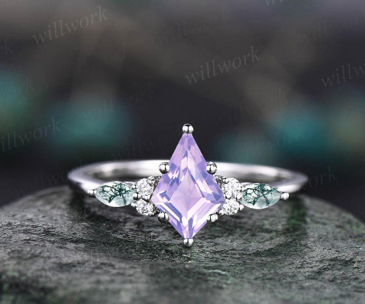 Kite cut Lavender Amethyst ring rose gold 6 prong art deco unique engagement ring set women dainty diamond ring moss agate anniversary gift