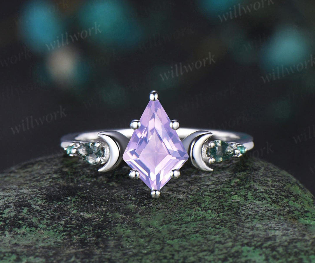 Unique kite cut Lavender Amethyst engagement ring set women white gold gold moss agate five stone moon bridal ring set gift for women