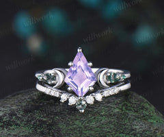 Unique kite cut Lavender Amethyst engagement ring set women white gold gold moss agate five stone moon bridal ring set gift for women