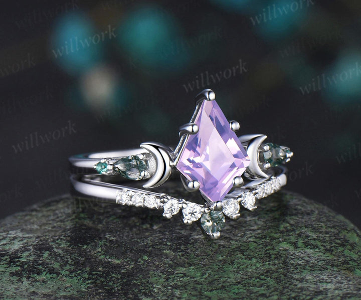 Unique kite cut Lavender Amethyst engagement ring set women white gold gold moss agate five stone moon bridal ring set gift for women
