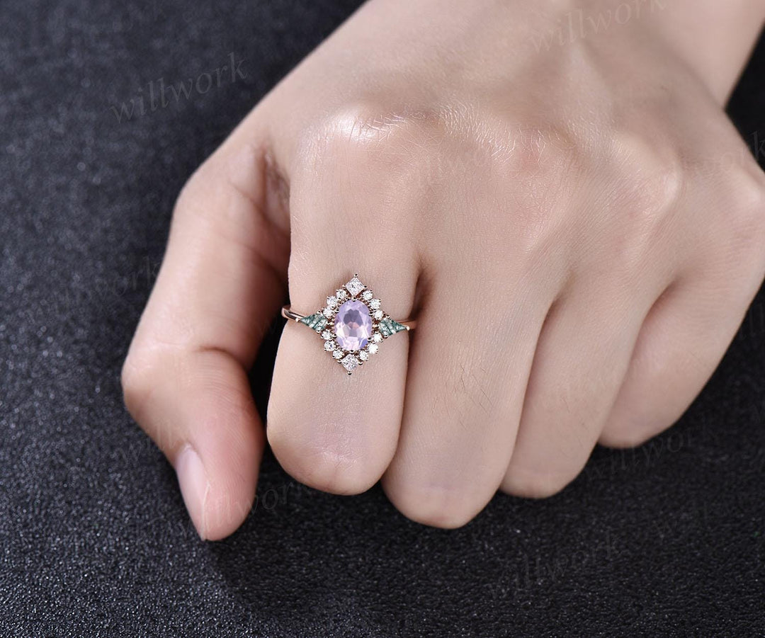 Vintage oval Lavender Amethyst engagement ring 14k rose gold halo princess diamond ring kite moss agate ring women retro wedding ring gift