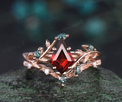 Vintage kite cut red garnet engagement ring set 14k rose gold cluster leaf nature inspired moss agate anniversary ring set women gift