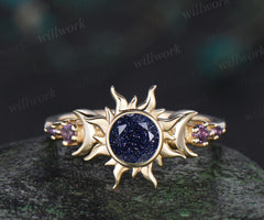 Vintage round cut blue sandstone sun bezel engagement ring solid 14k yellow gold five stone amethyst moon unique bridal ring women