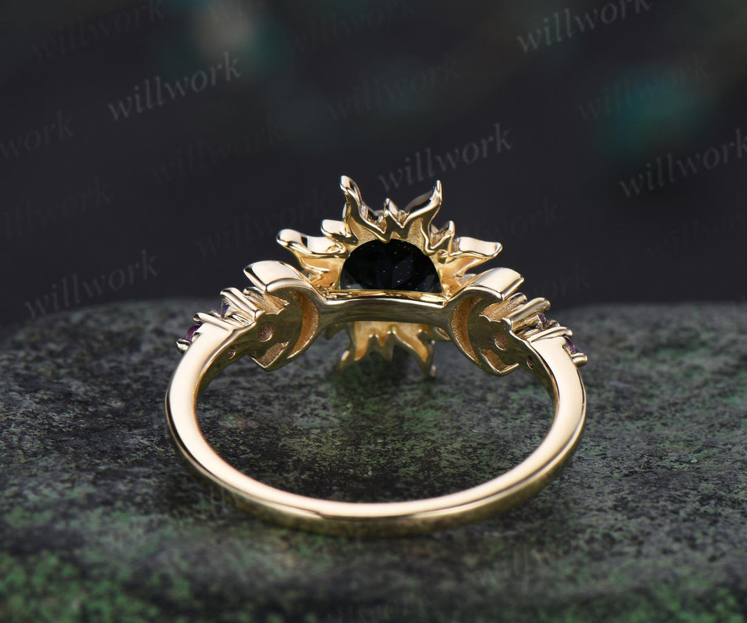 Vintage round cut blue sandstone sun bezel engagement ring solid 14k yellow gold five stone amethyst moon unique bridal ring women