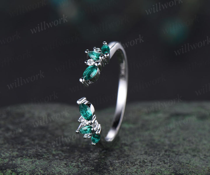 Open gap curved marquise cut emerald wedding band solid 14k white gold cluster diamond ring vintage bridal anniversary ring gift