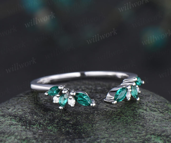 Open gap curved marquise cut emerald wedding band solid 14k white gold cluster diamond ring vintage bridal anniversary ring gift