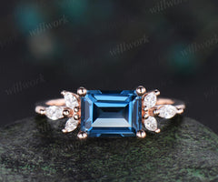 East to west emerald cut London blue topaz engagement ring vintage cluster marquise diamond wedding promise ring rose gold gift for women