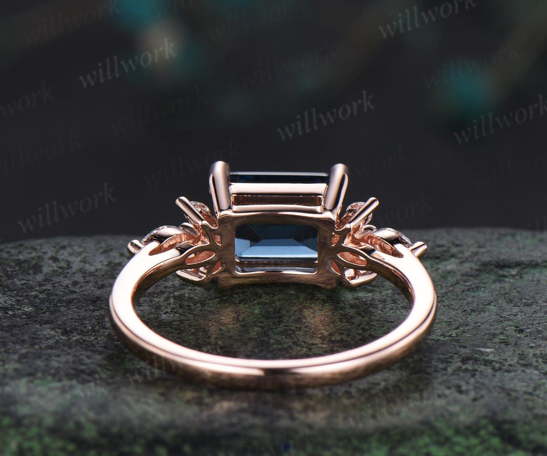 East to west emerald cut London blue topaz engagement ring vintage cluster marquise diamond wedding promise ring rose gold gift for women