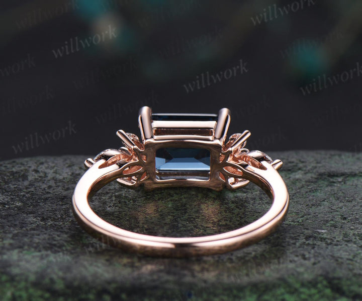 East to west emerald cut London blue topaz engagement ring vintage cluster marquise diamond wedding promise ring rose gold gift for women