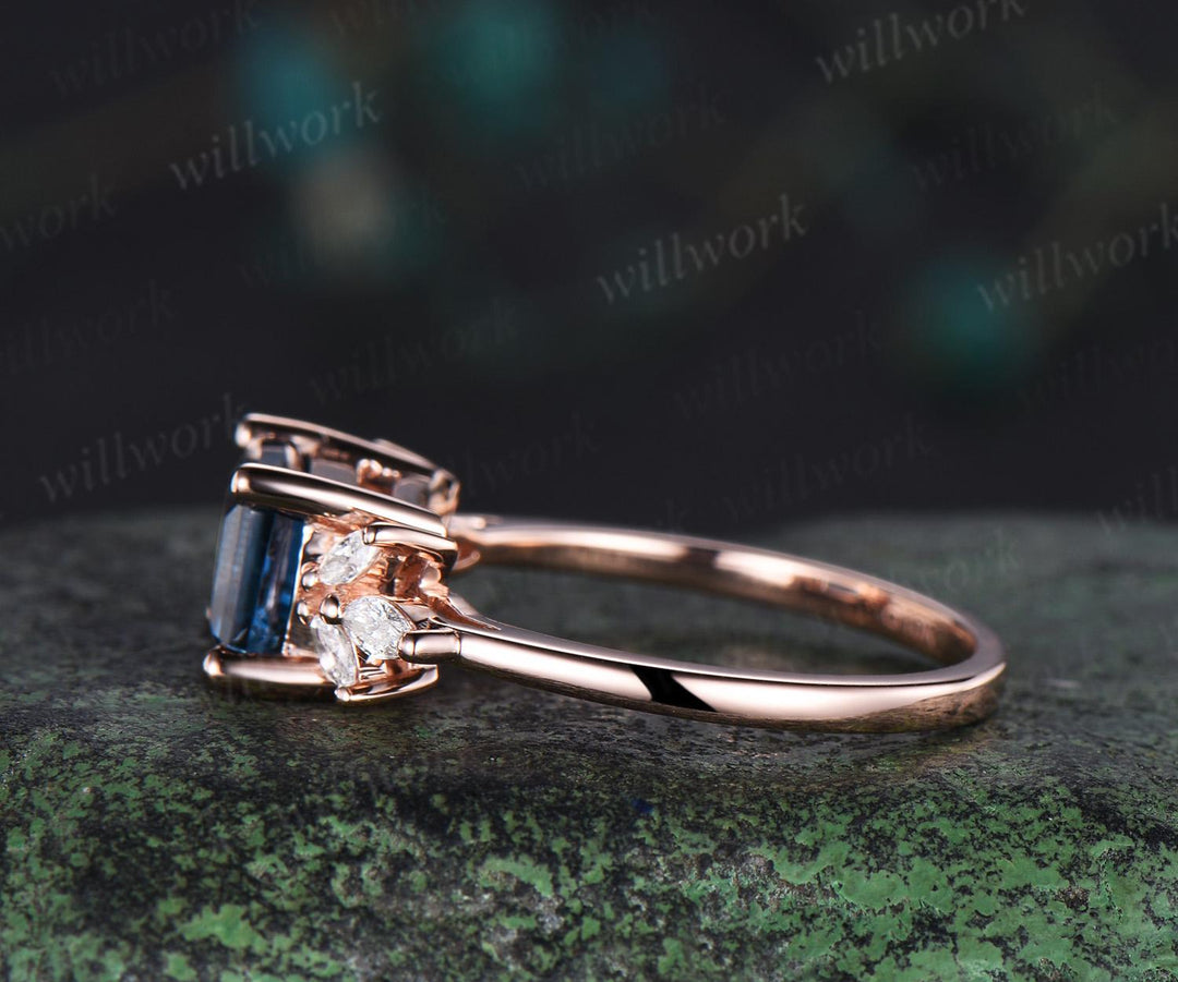 East to west emerald cut London blue topaz engagement ring vintage cluster marquise diamond wedding promise ring rose gold gift for women