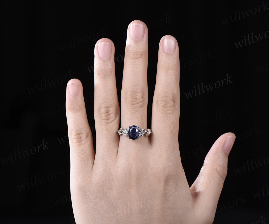 Oval cut blue sandstone ring vintage white gold blue goldstone engagement ring infinity five stone leaf anniversary ring gift