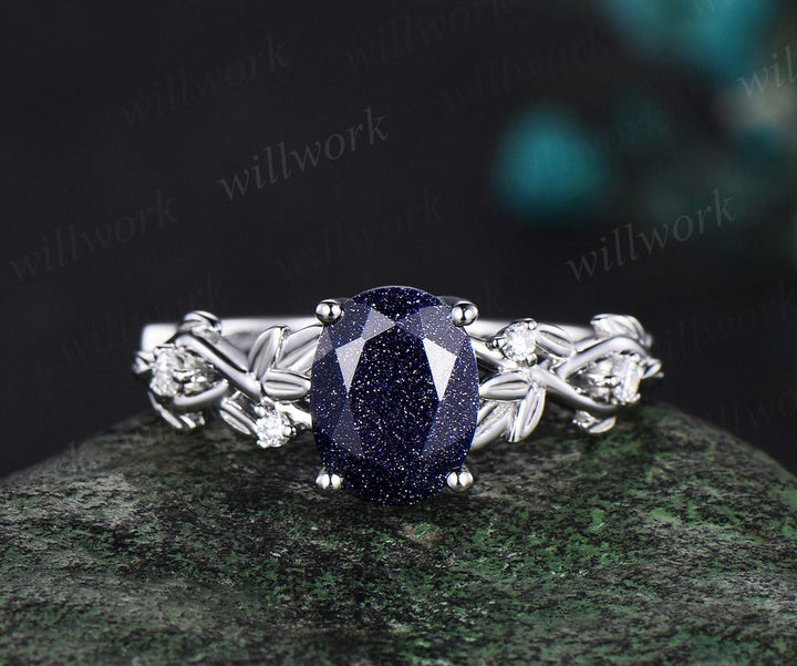 Oval cut blue sandstone ring vintage white gold blue goldstone engagement ring infinity five stone leaf anniversary ring gift
